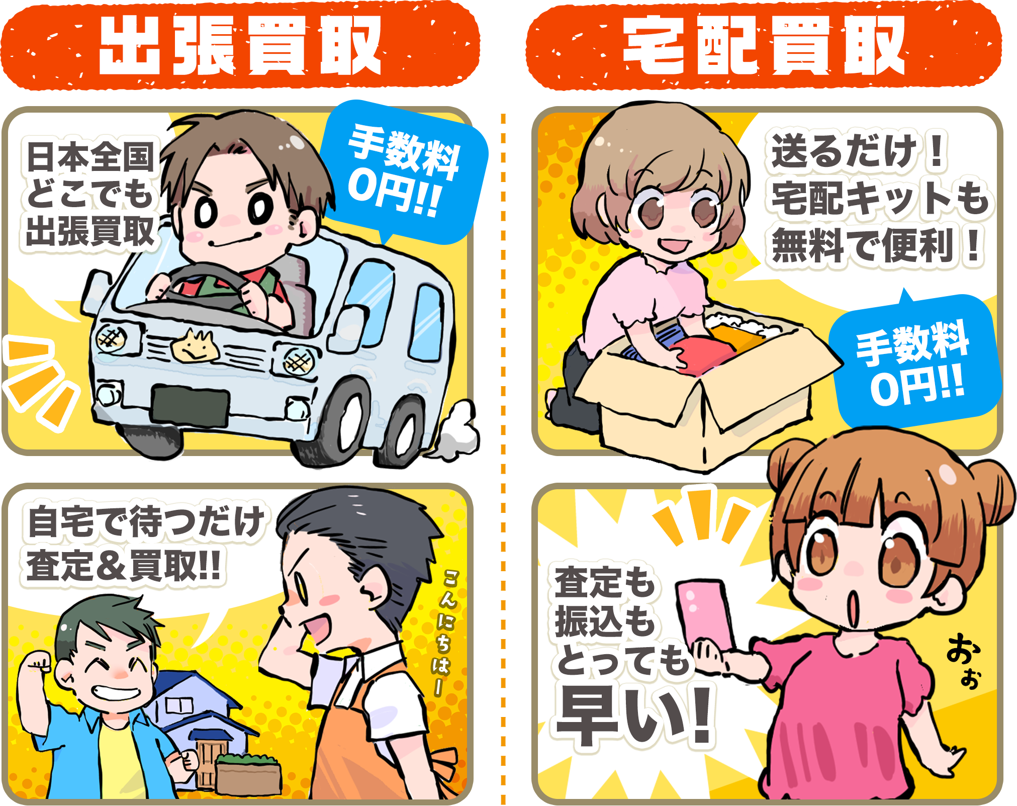 出張買取や宅配買取は手数料無料です。